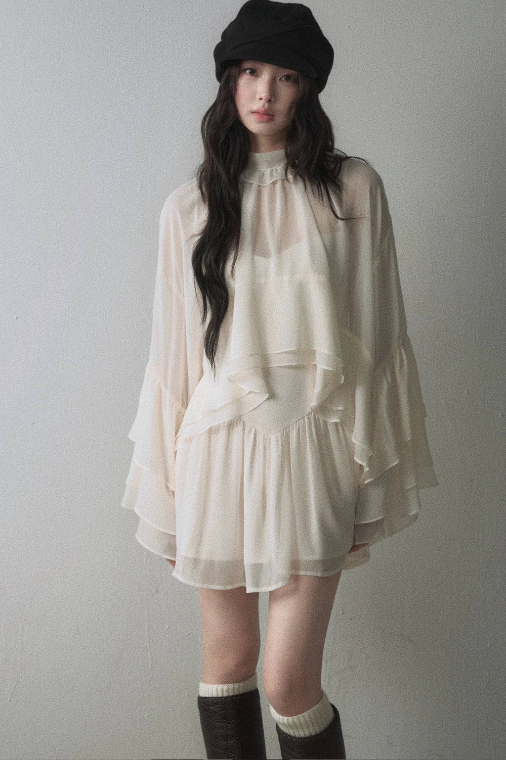 Ruffled Long-Sleeve Blouse and Suspender Dress Set-Up