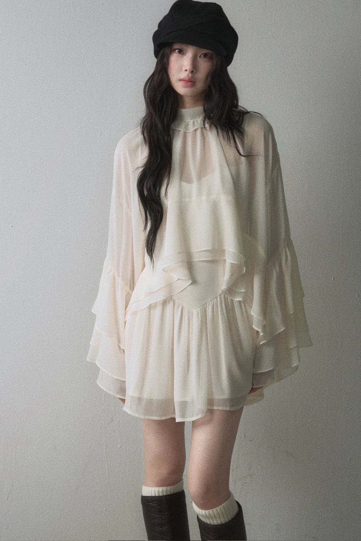 Ruffled Long-Sleeve Blouse and Suspender Dress Set-Up