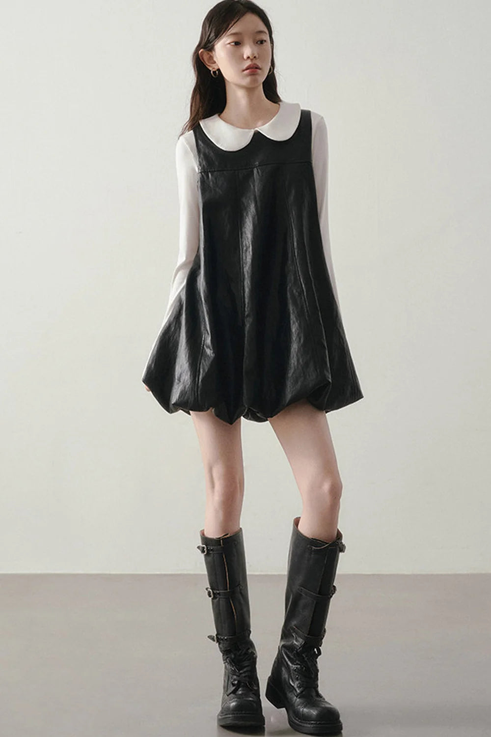 Black Leather-Like Peter Pan Dress
