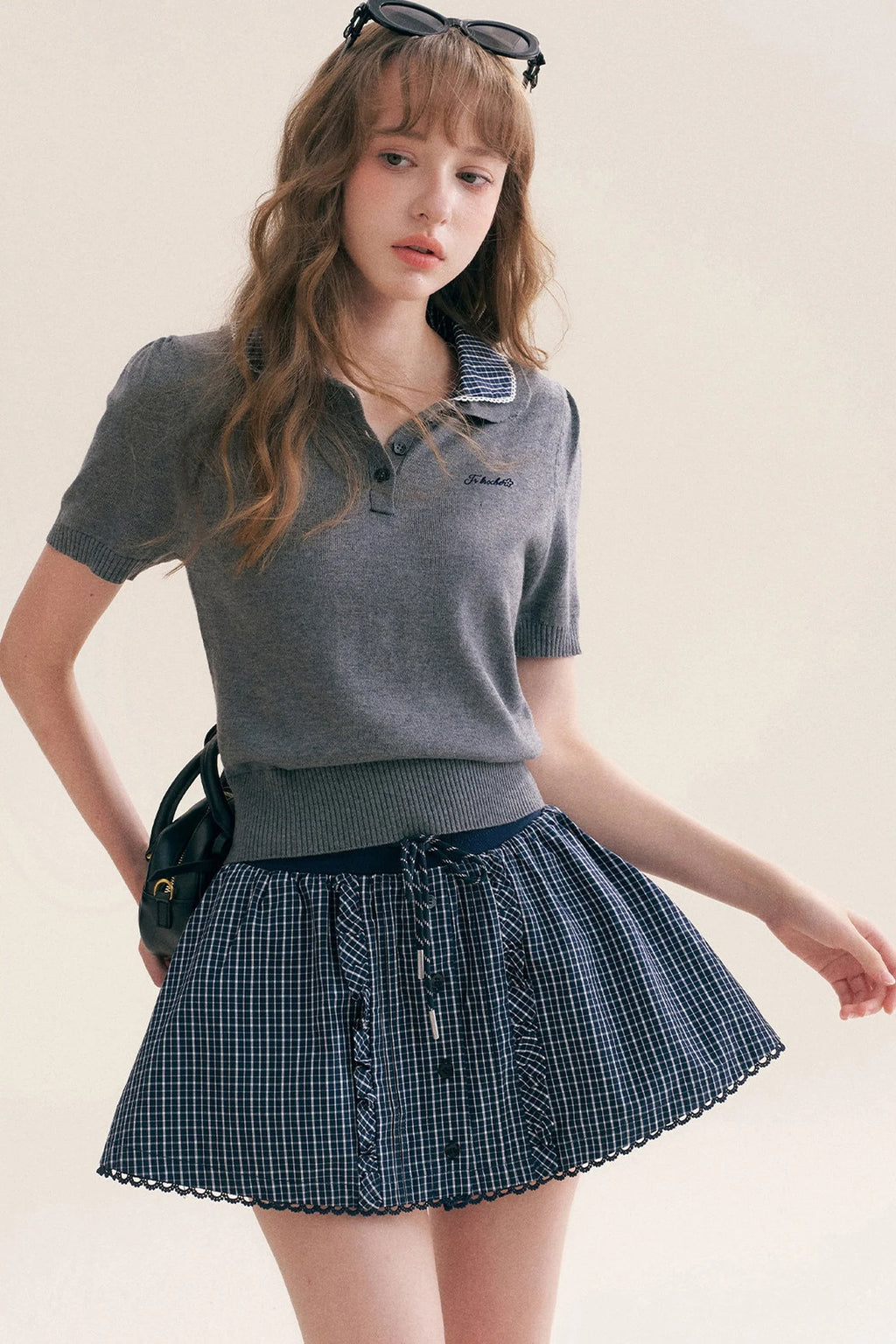 Wool Blend Plaid Polo Skirt Set-Up