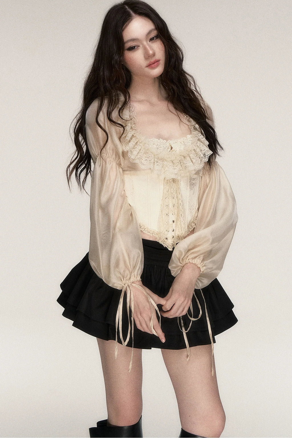 Beige Lace Jacquard Corset Lace-Up Top