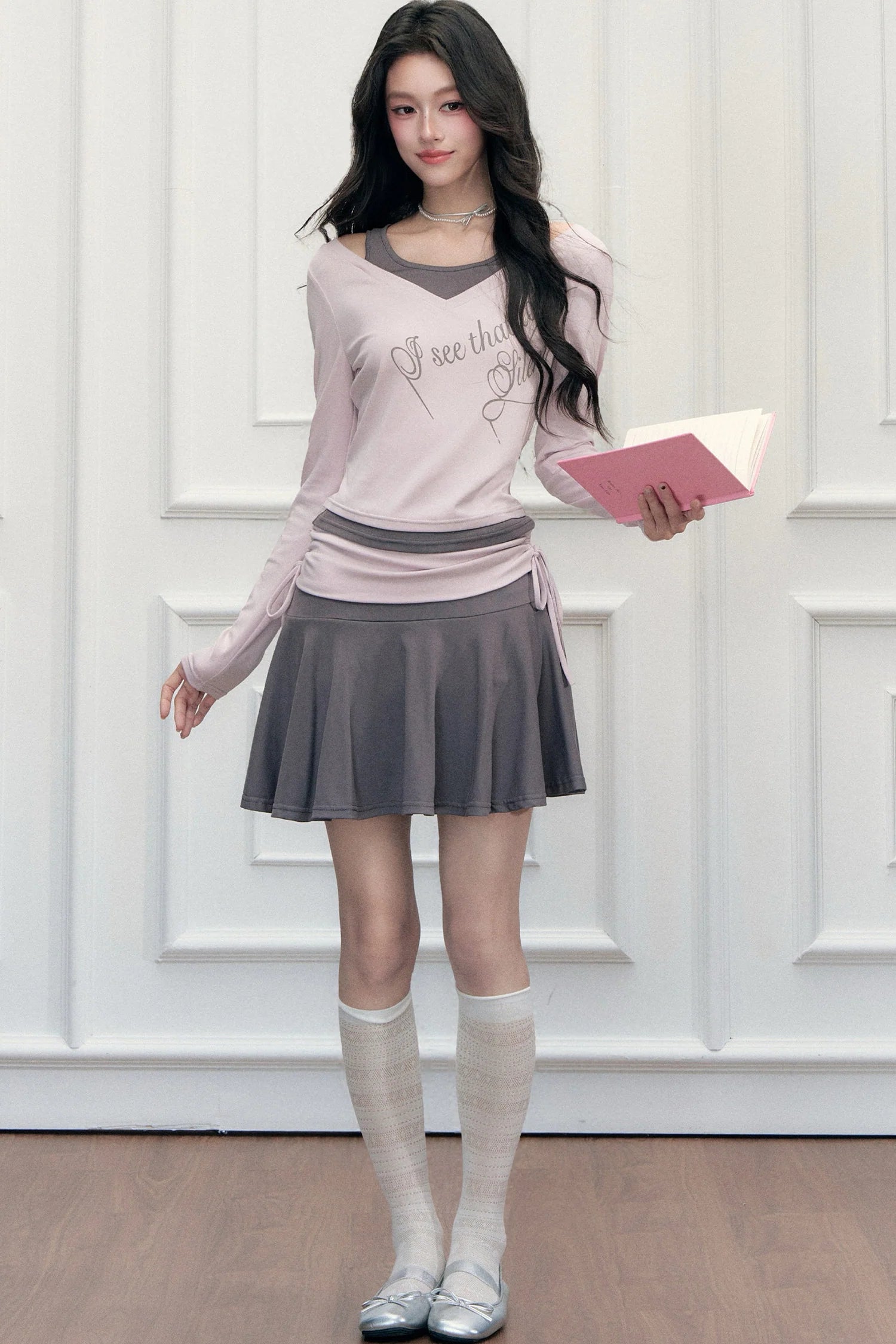 Letter Print T-Shirt with Contrast Drawstring Skirt Set-Up