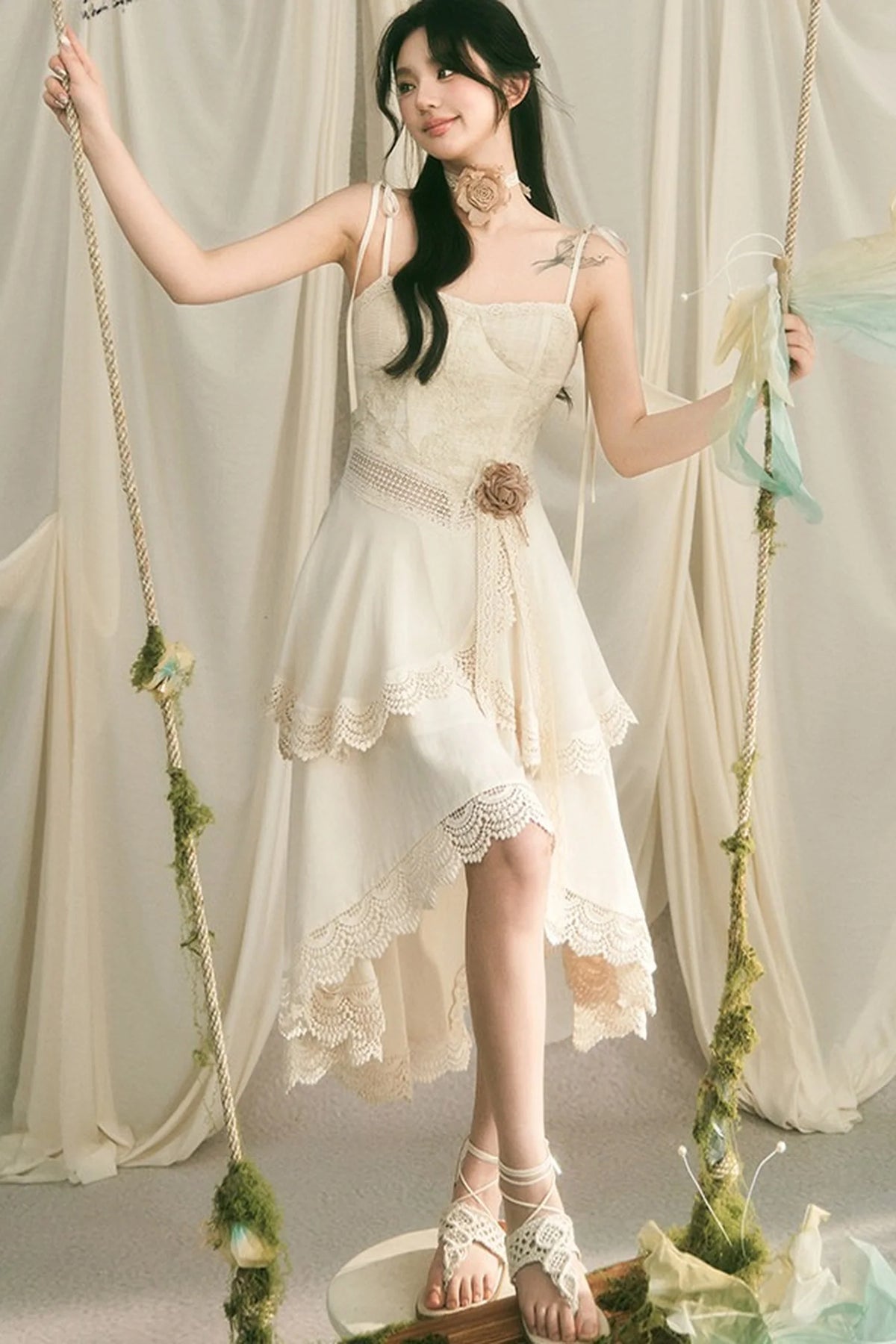 French Heavy Lace Trailing Strap Dress