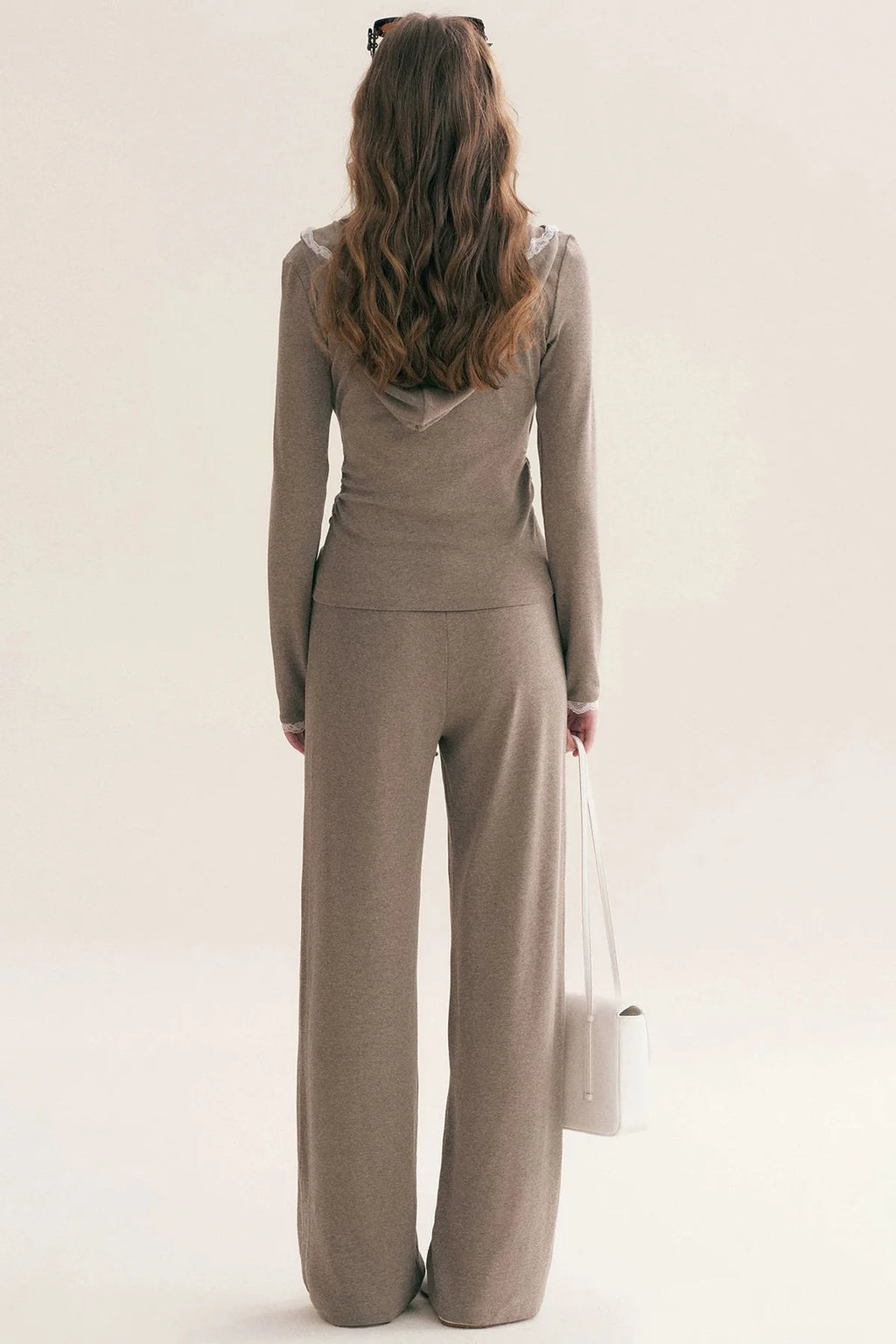 Lace Trim Hooded T-Shirt and Straight Pants Set-Up