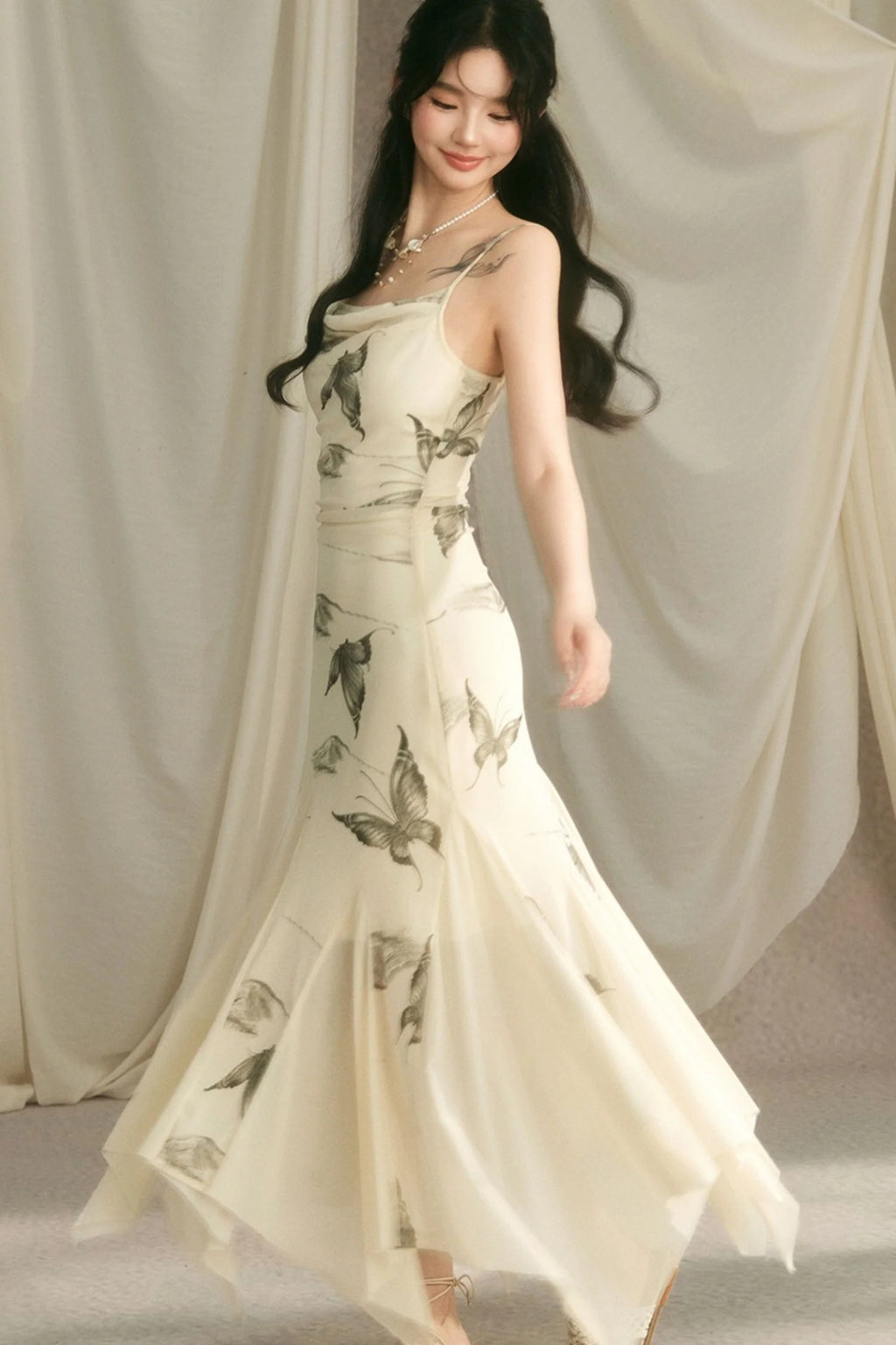 Pleated Waist Butterfly Print Strap Dress