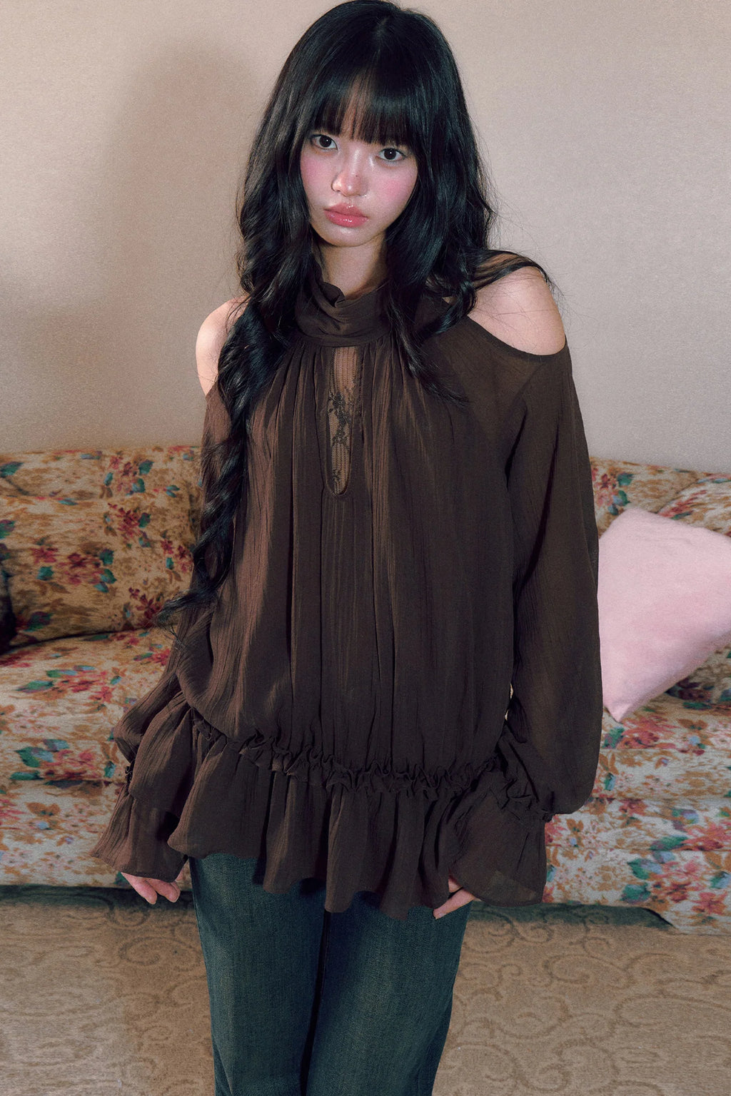 Retro Halterneck Off-Shoulder Ruffle Blouse