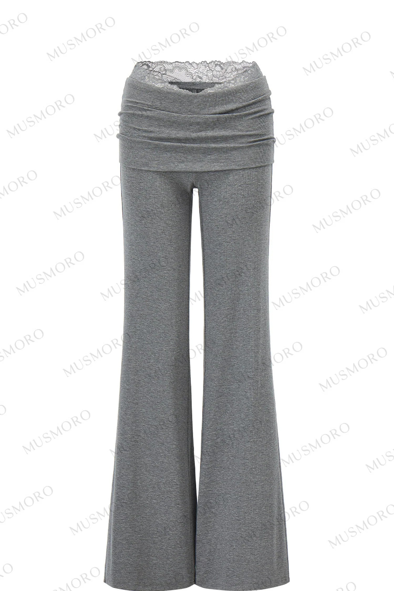 Lace Trim Folded Waistband Flared Pants