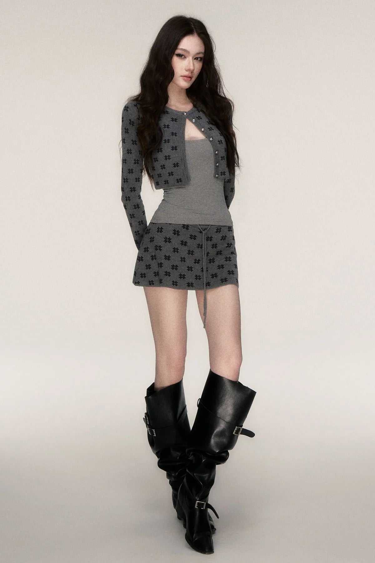 Grey Knit Cardigan and Skirt Set-Up