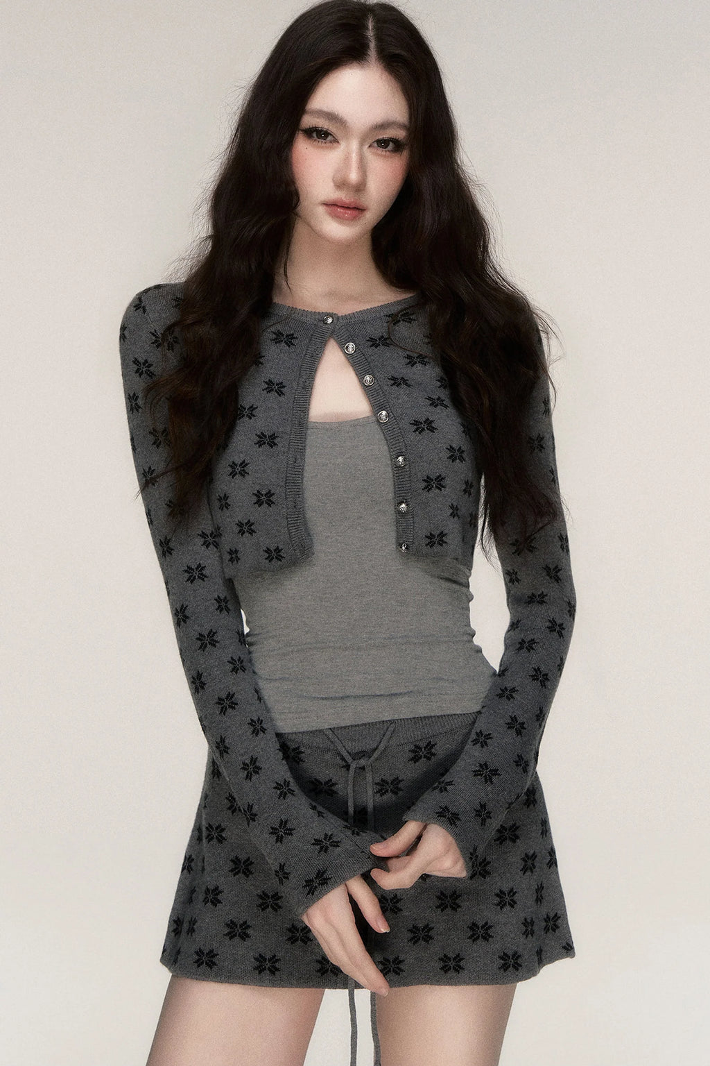 Grey Knit Cardigan and Skirt Set-Up