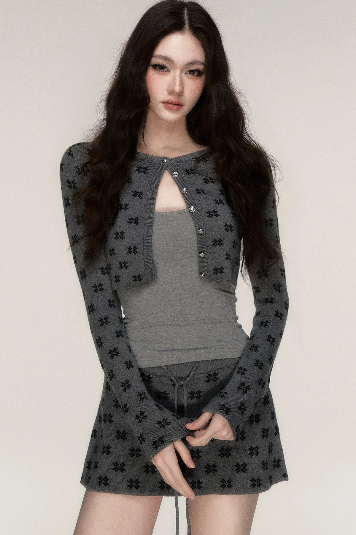 Grey Knit Cardigan and Skirt Set-Up