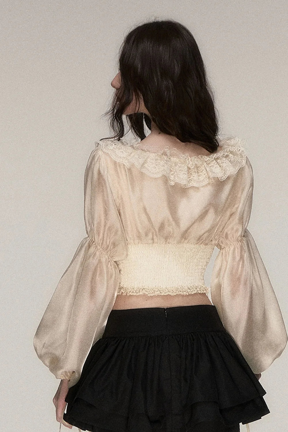 Beige Lace Jacquard Corset Lace-Up Top