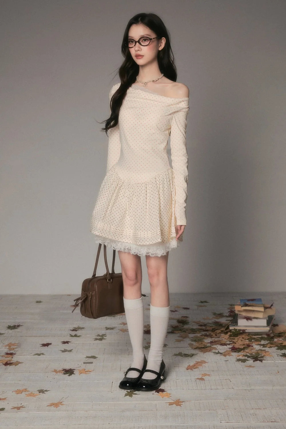 Off-Shoulder Polka Dot Lace Patchwork Dress