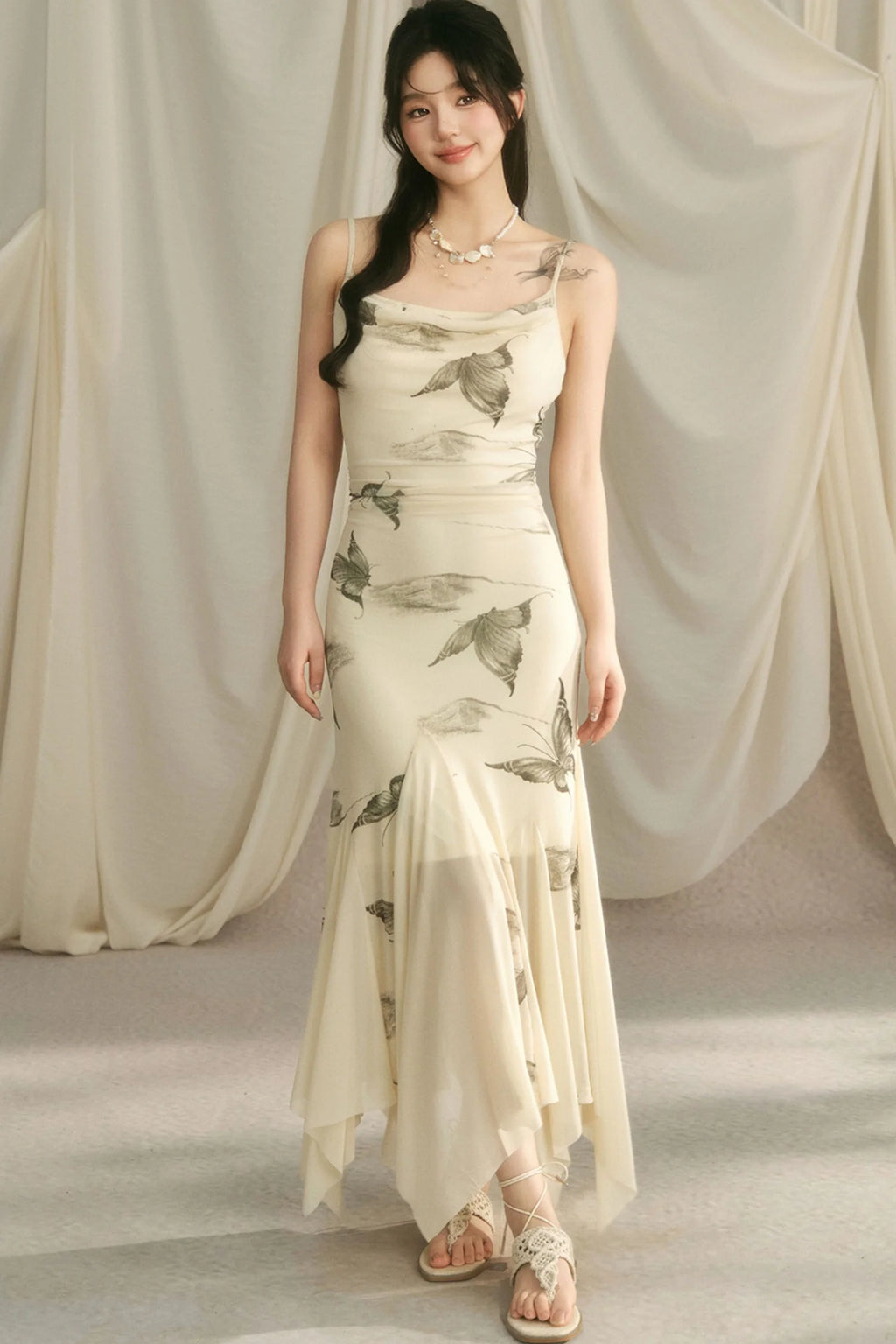Pleated Waist Butterfly Print Strap Dress