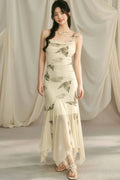 Pleated Waist Butterfly Print Strap Dress