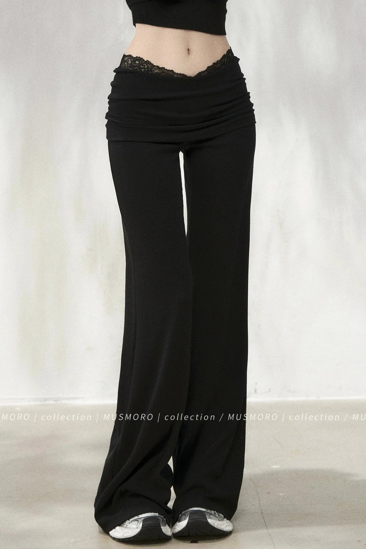 Lace Trim Folded Waistband Flared Pants