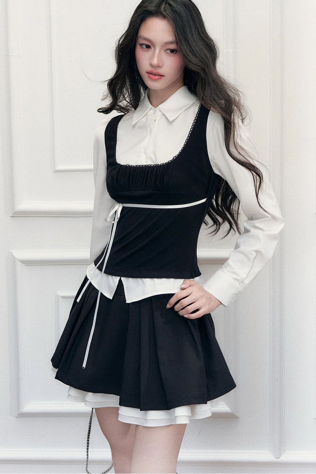 Retro Bow Layered-Look Top and Black Short Skirt Set-Up