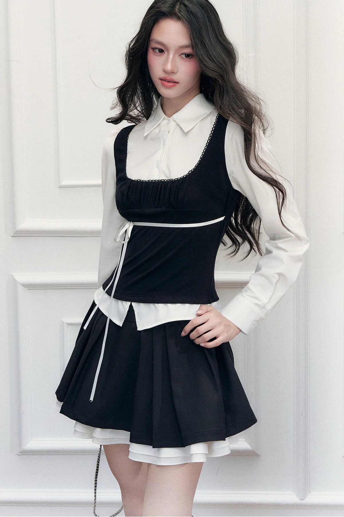 Retro Bow Layered-Look Top and Black Short Skirt Set-Up