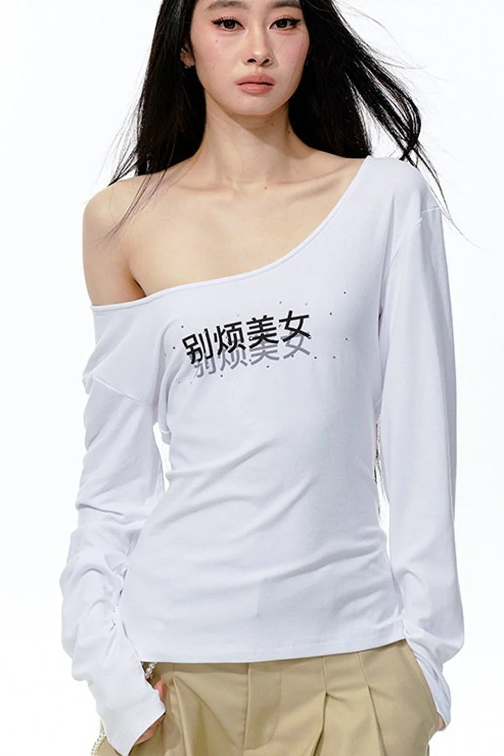 Rhinestone Print Knit Long-Sleeve T-Shirt
