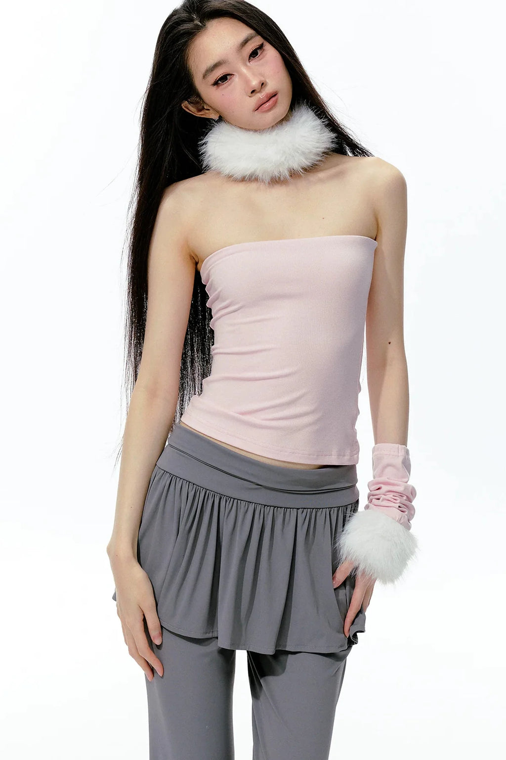 Detachable Fur Collar Knit Tube Top