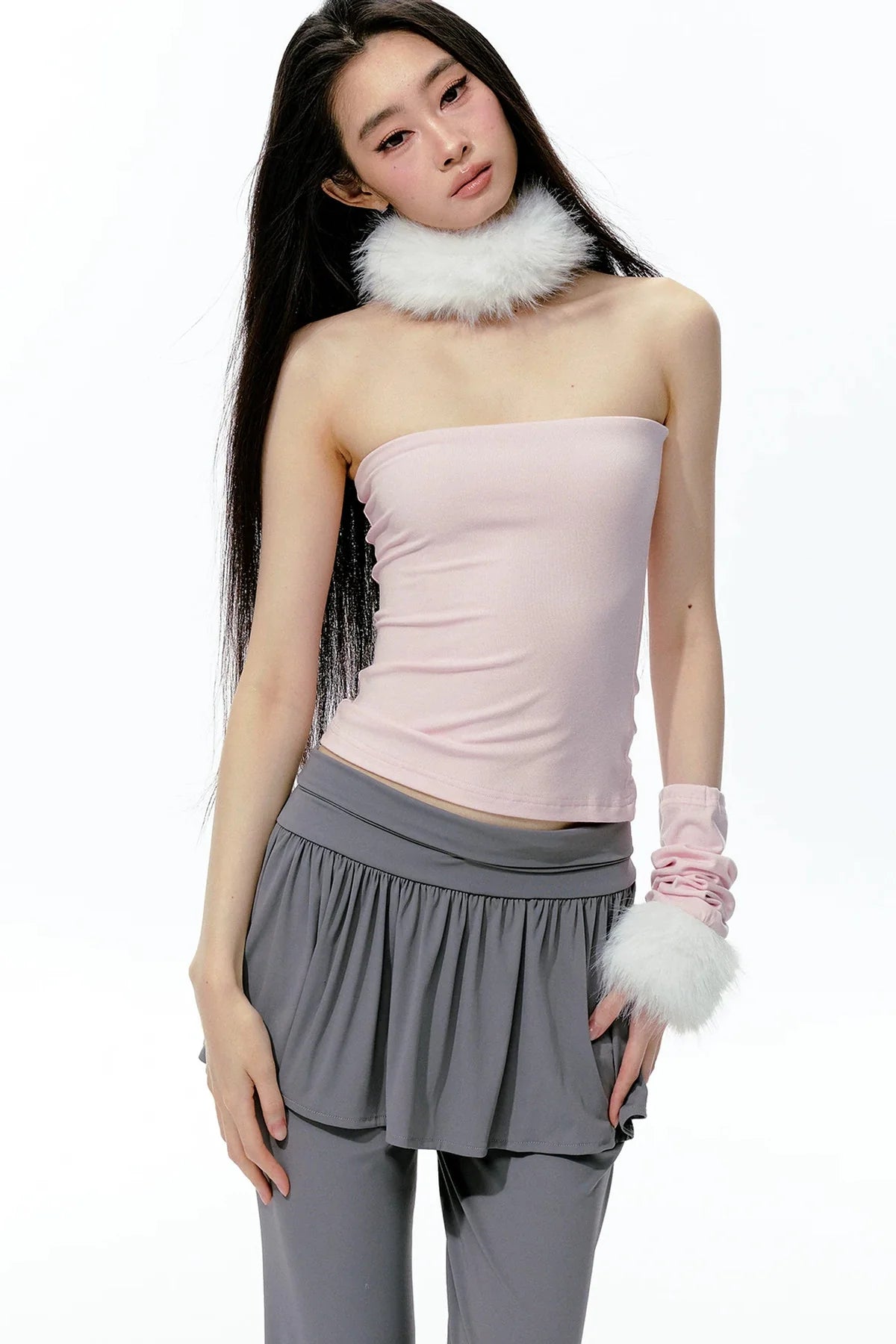 Detachable Fur Collar Knit Tube Top