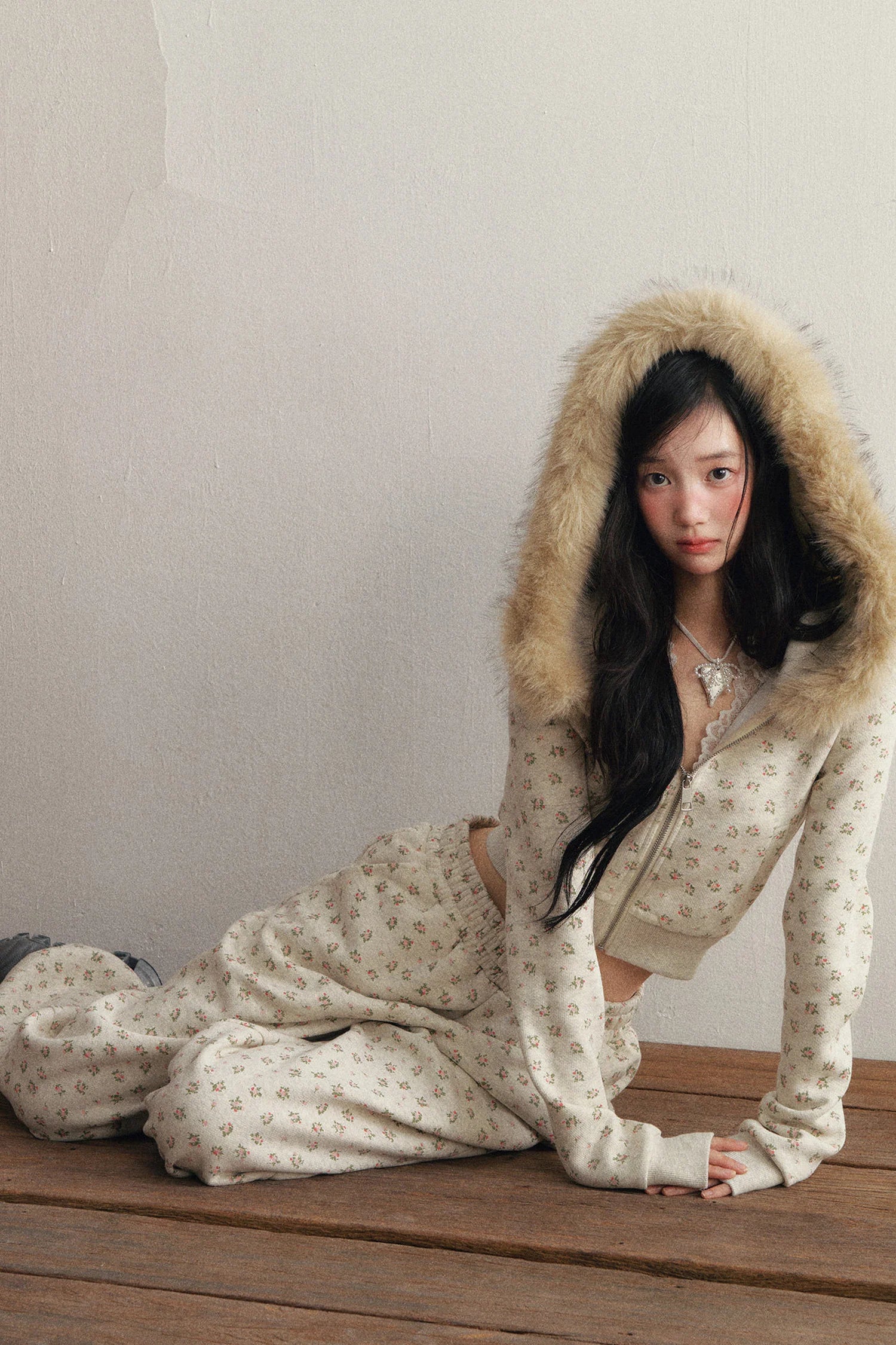 Floral Fleece Hoodie and Sweatpants Set-Up