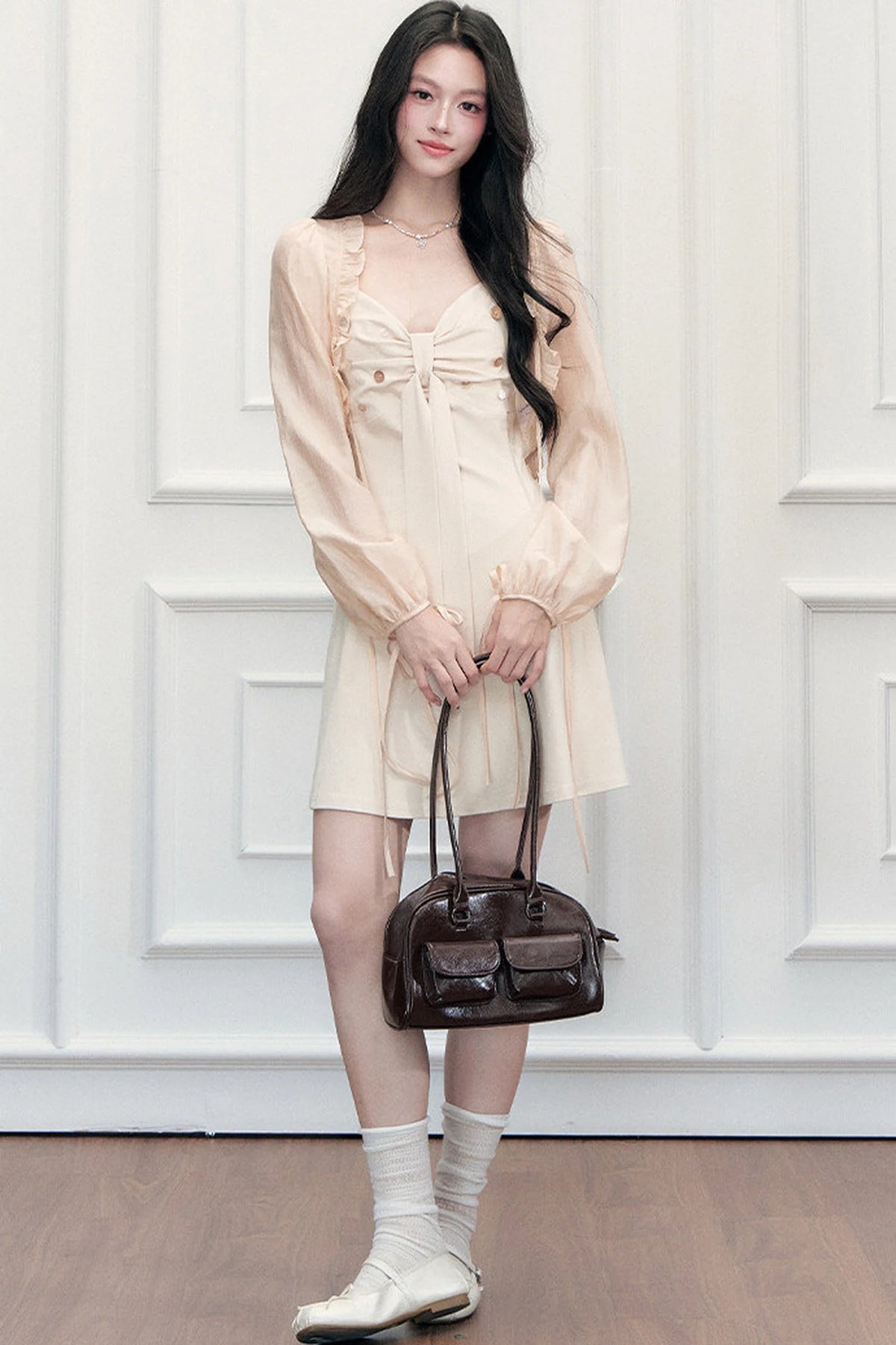 Ruffled Cardigan and V-Neck Dress Set-Up