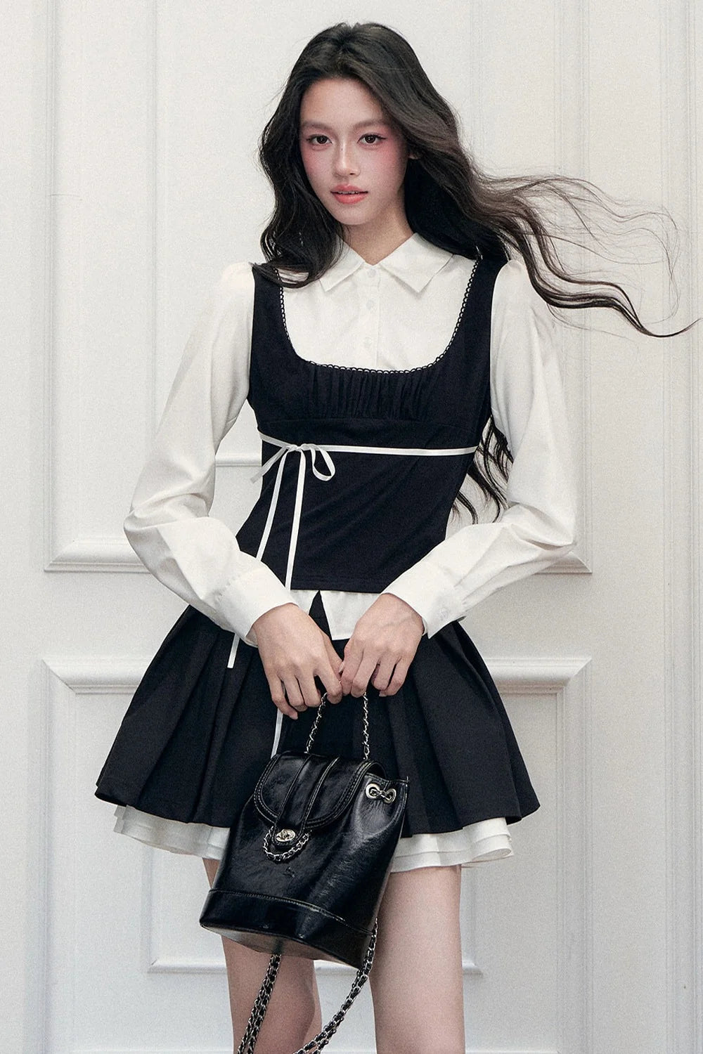 Retro Bow Layered-Look Top and Black Short Skirt Set-Up