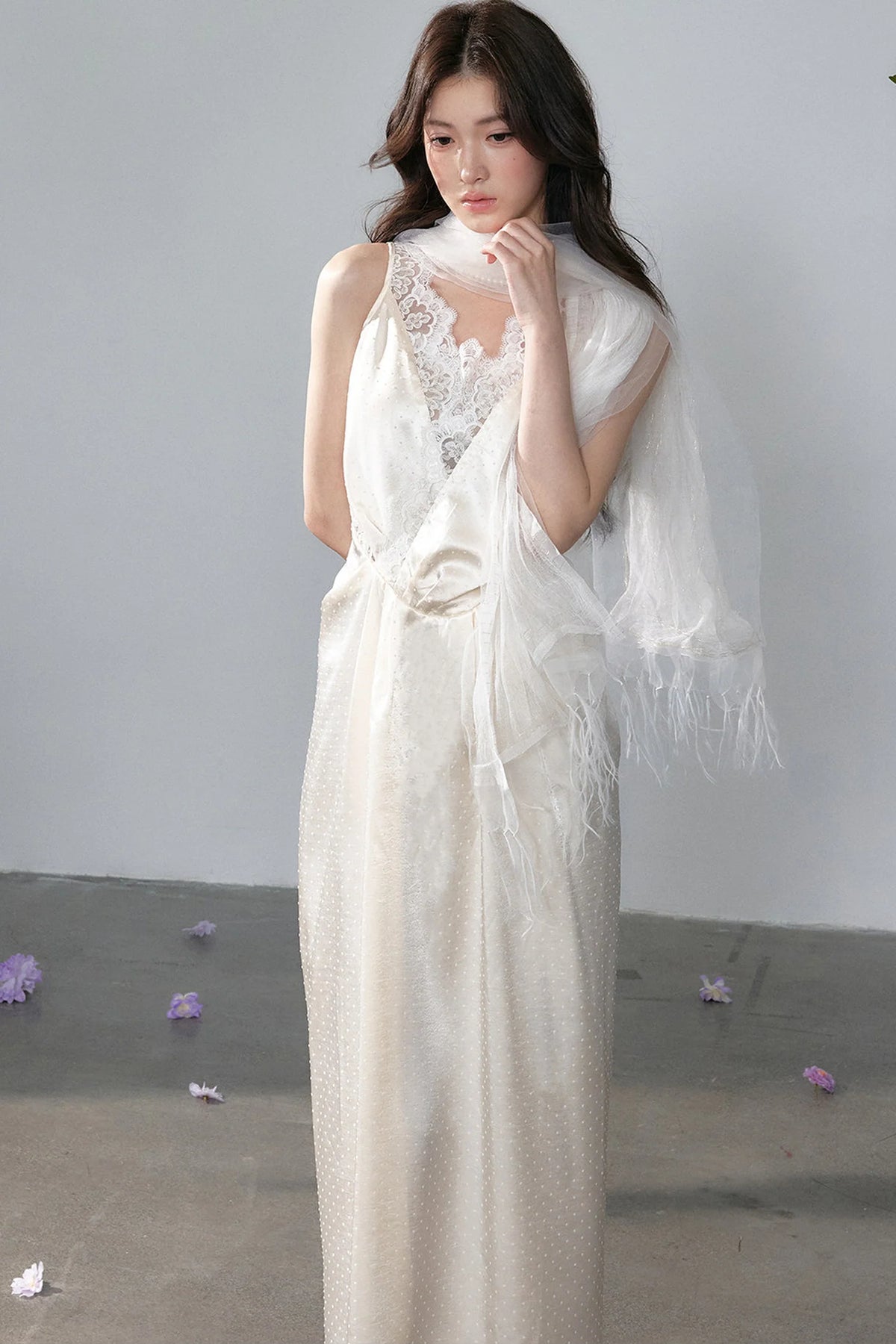 Satin Polka Dot Lace Long Dress