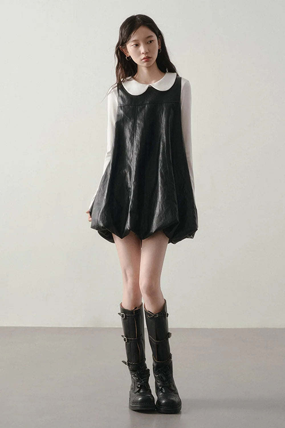 Black Leather-Like Peter Pan Dress