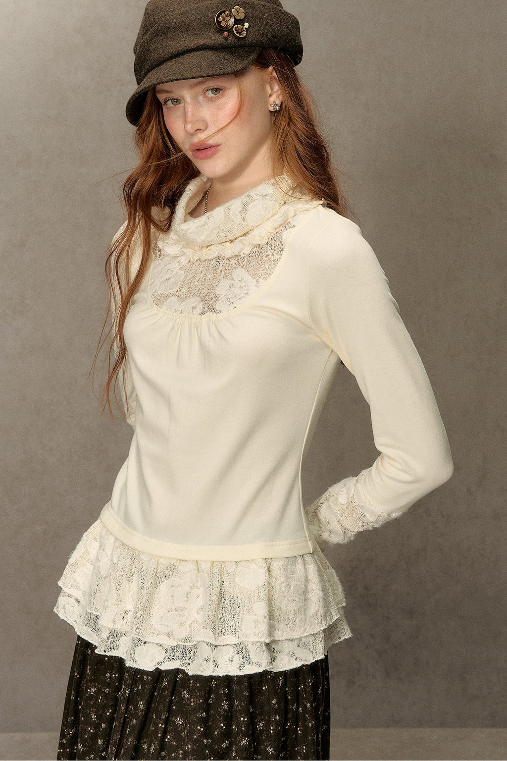 High-Neck Lace Edging Base Layer Top