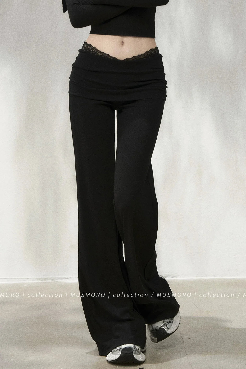 Lace Trim Folded Waistband Flared Pants