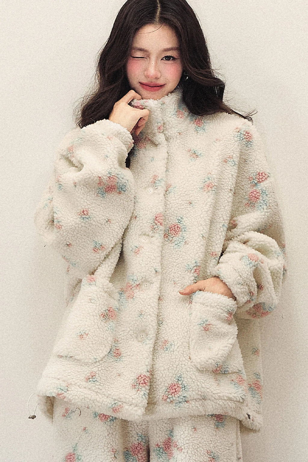 Floral Lamb Wool Jacket and Elastic Waist Wide-Leg Pants Set-Up