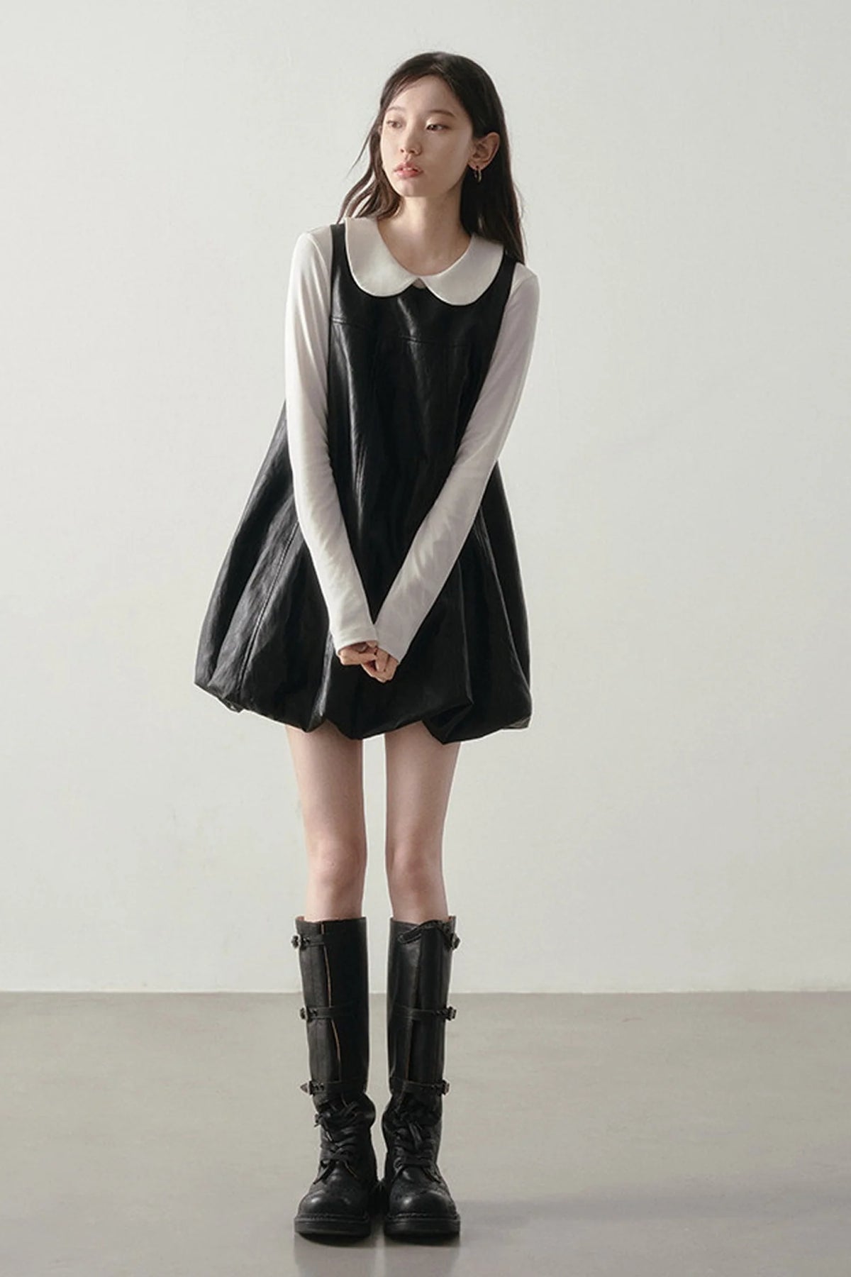 Black Leather-Like Peter Pan Dress