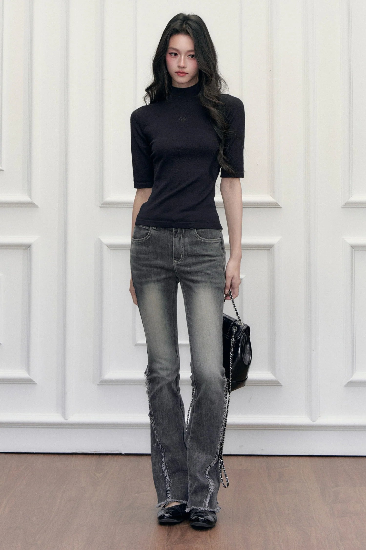 High-Waisted Washed Fringed Flared Jeans