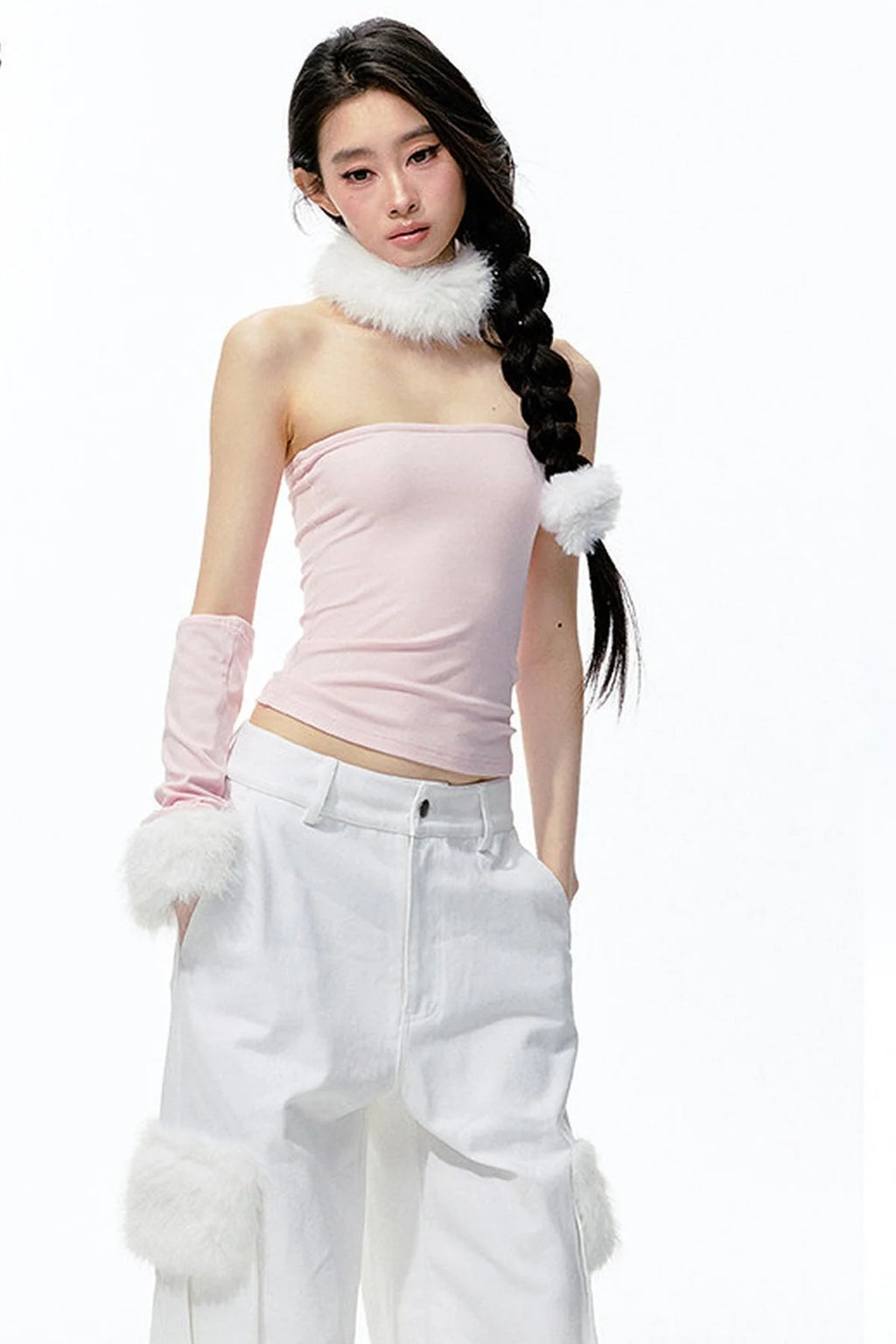 Detachable Fur Collar Knit Tube Top