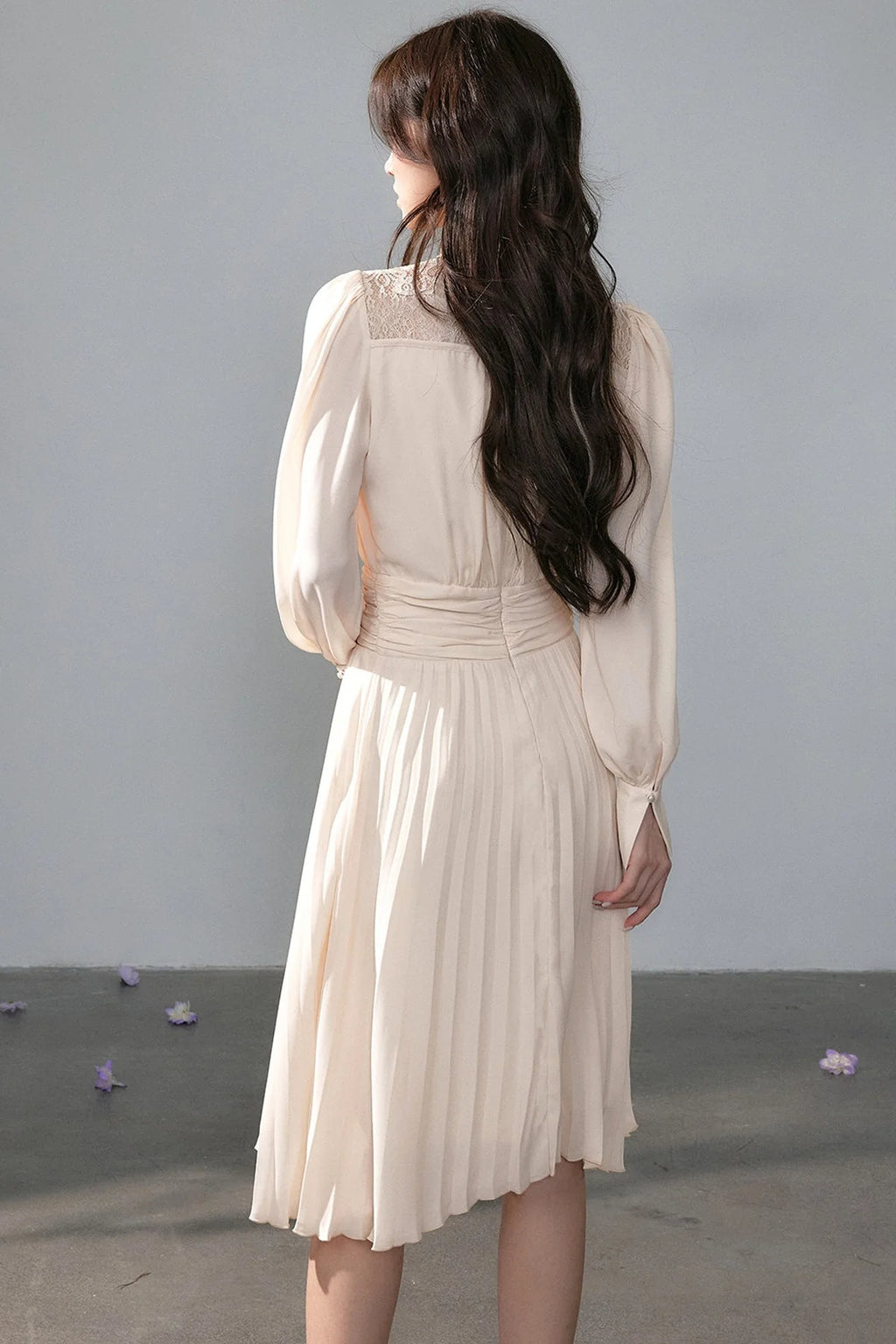 Pleated Lace Mid-Length Dress