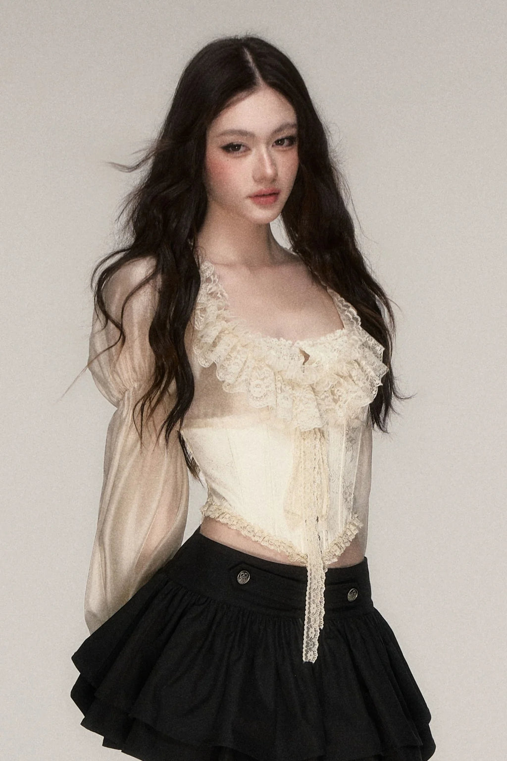 Beige Lace Jacquard Corset Lace-Up Top