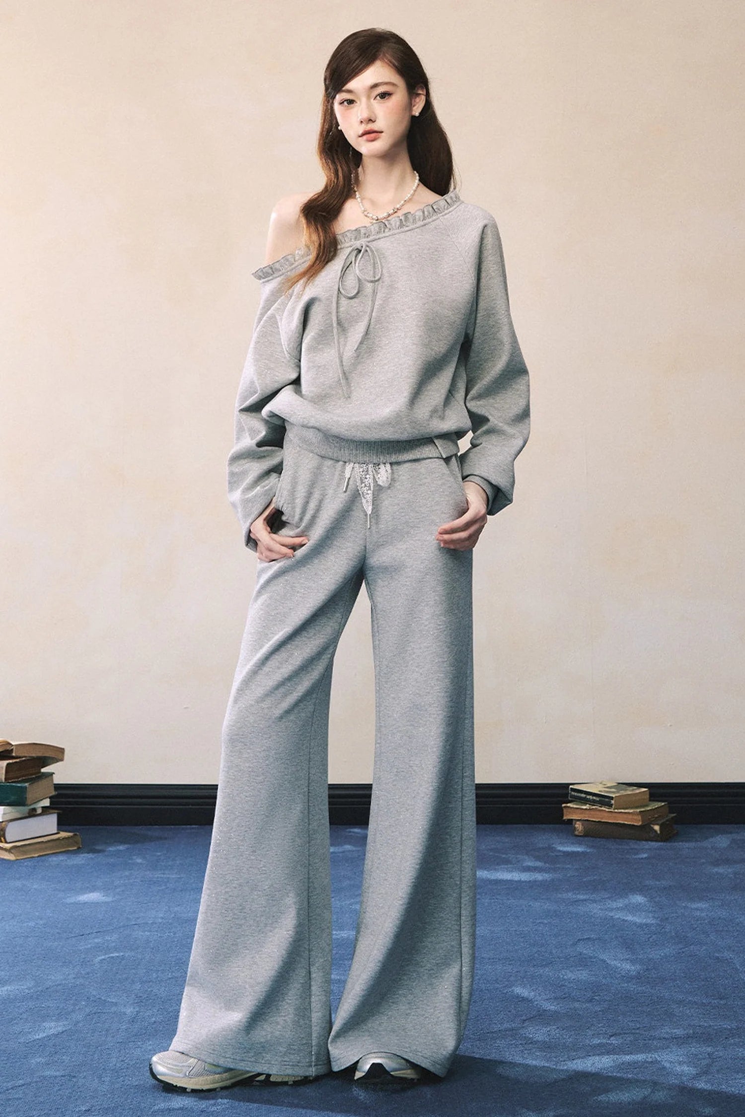 Gray Off-Shoulder Sweatshirt and Sweatpants Skirt Set-Up