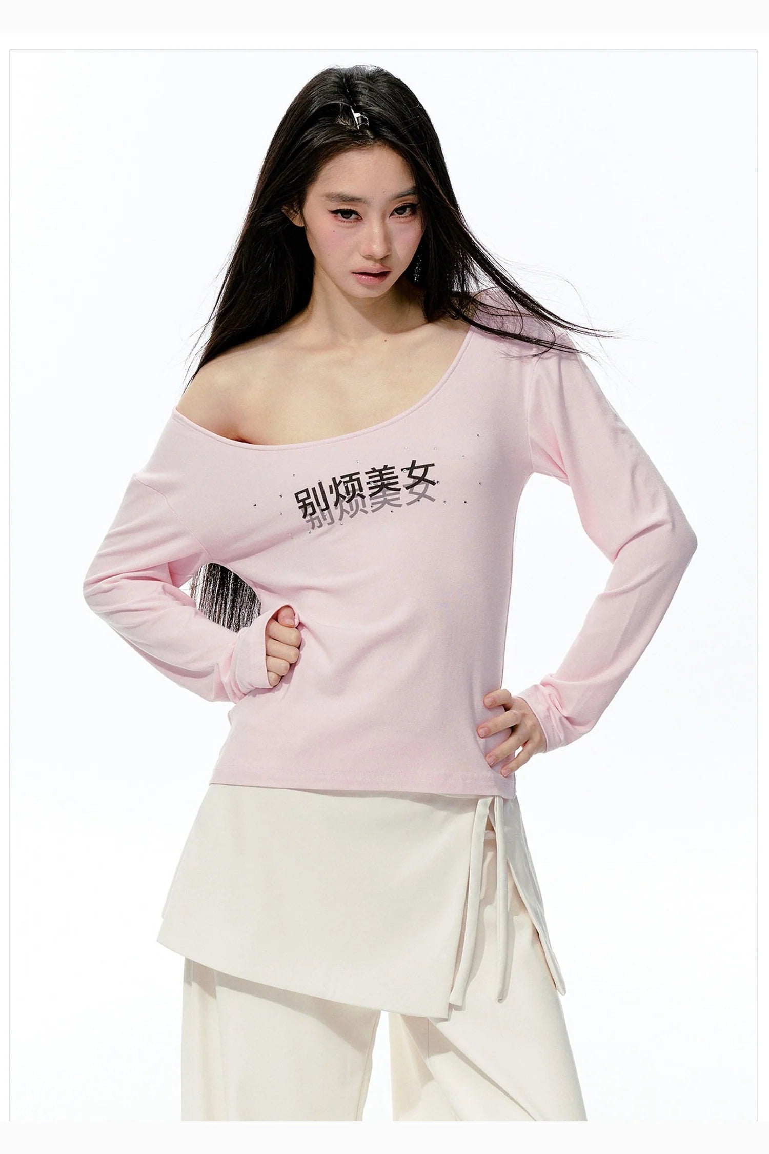 Rhinestone Print Knit Long-Sleeve T-Shirt