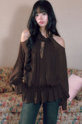 Retro Halterneck Off-Shoulder Ruffle Blouse