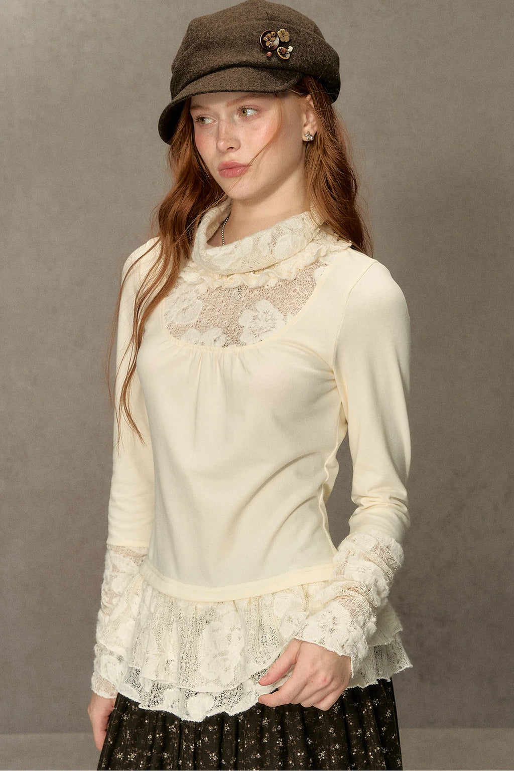 High-Neck Lace Edging Base Layer Top