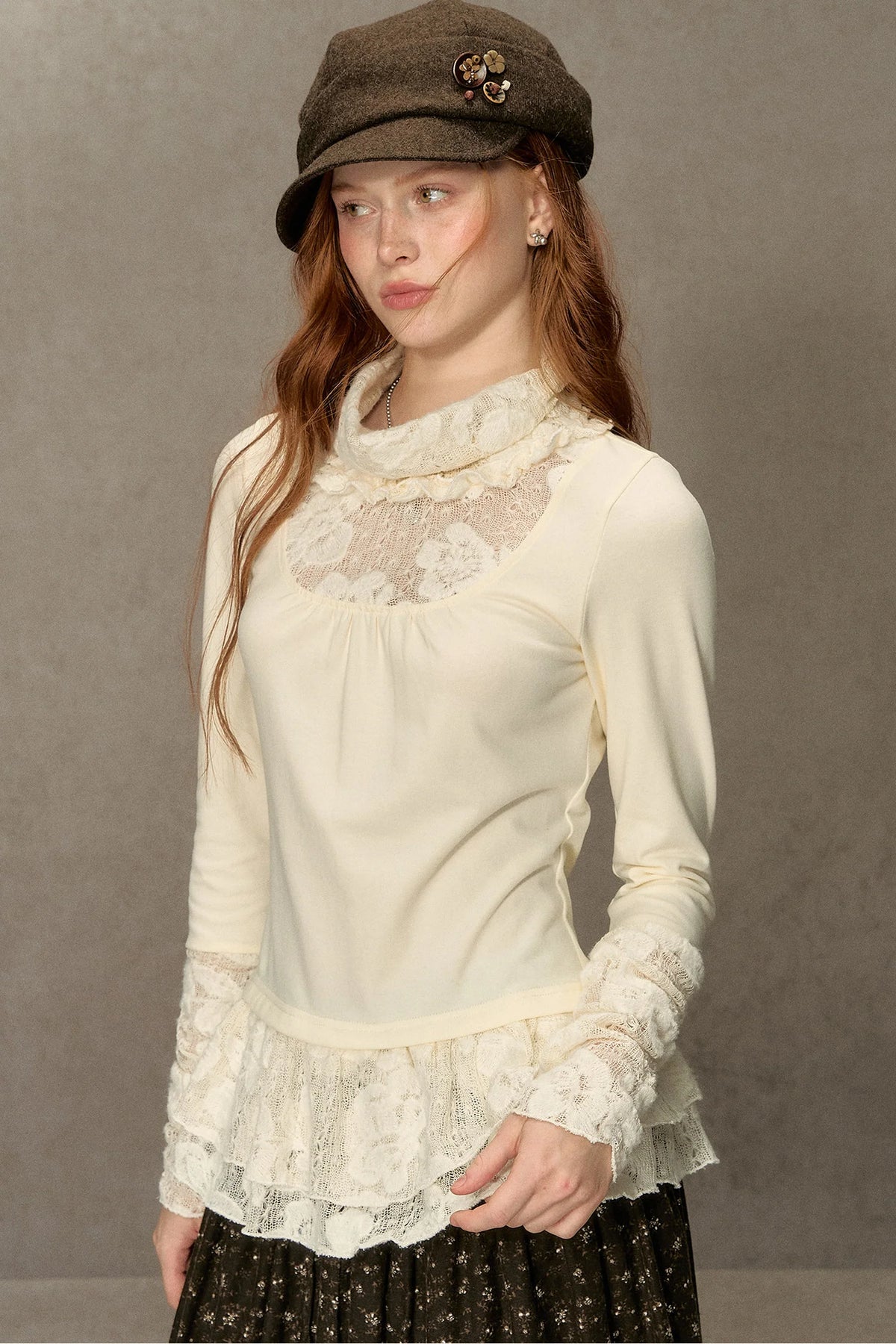 High-Neck Lace Edging Base Layer Top