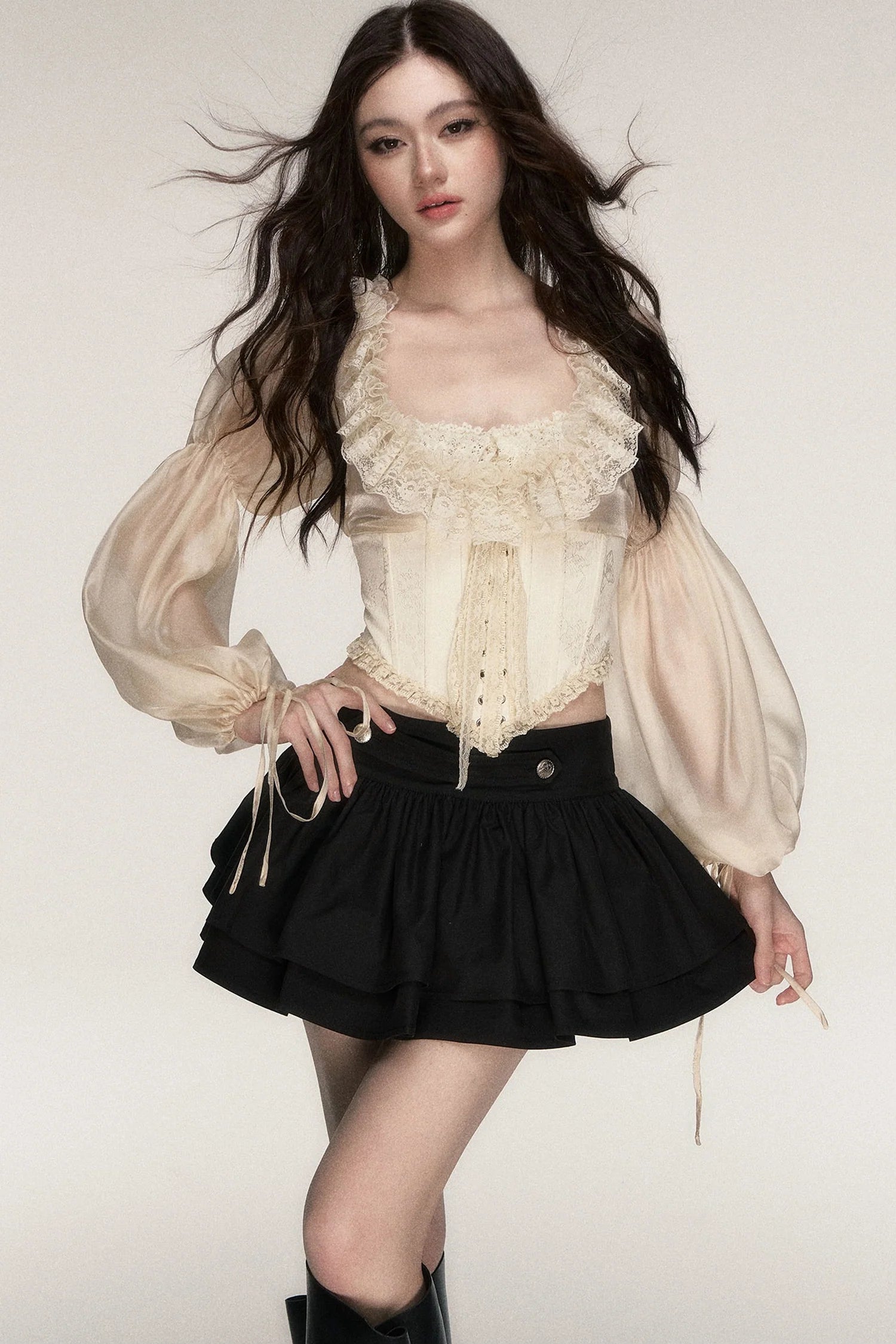 Beige Lace Jacquard Corset Lace-Up Top