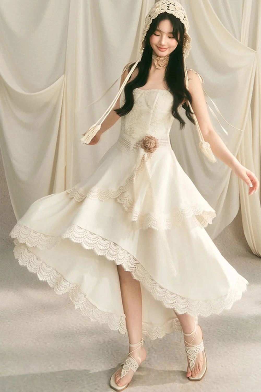 French Heavy Lace Trailing Strap Dress