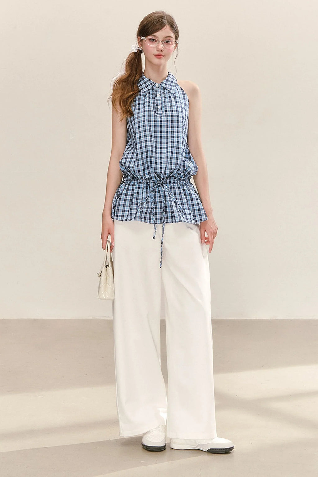 Plaid Sleeveless Halter Drawstring Top Set-Up