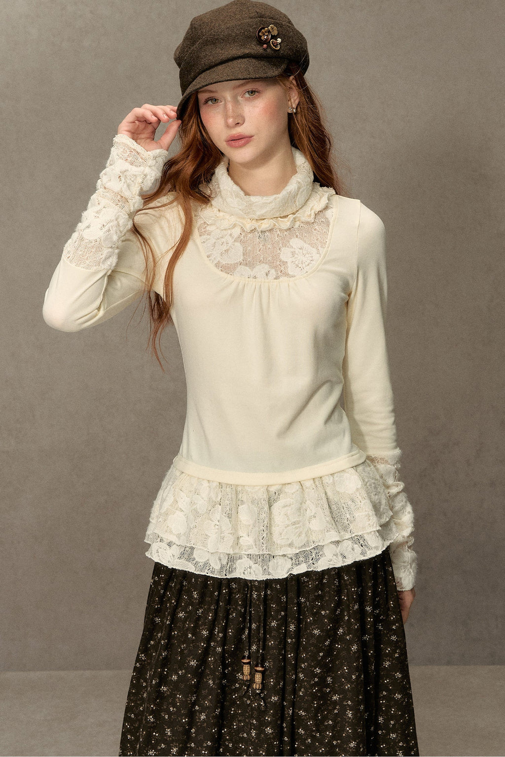 High-Neck Lace Edging Base Layer Top