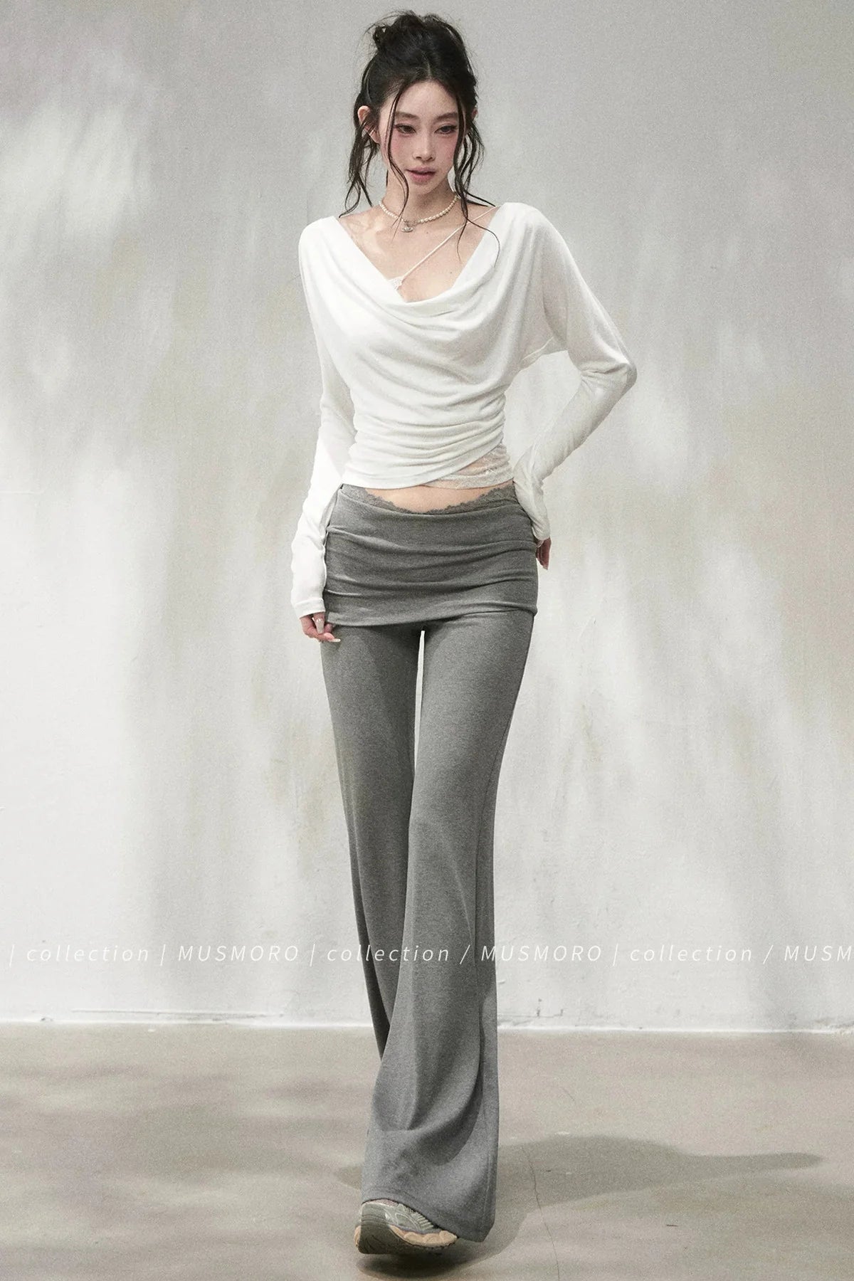 Lace Trim Folded Waistband Flared Pants