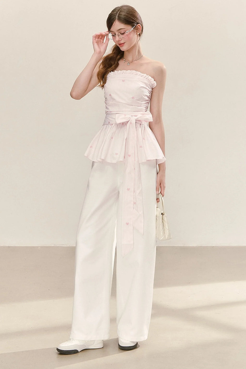 Sweet and Cute Striped Off-Shoulder Tube Top and Pants Set-Up