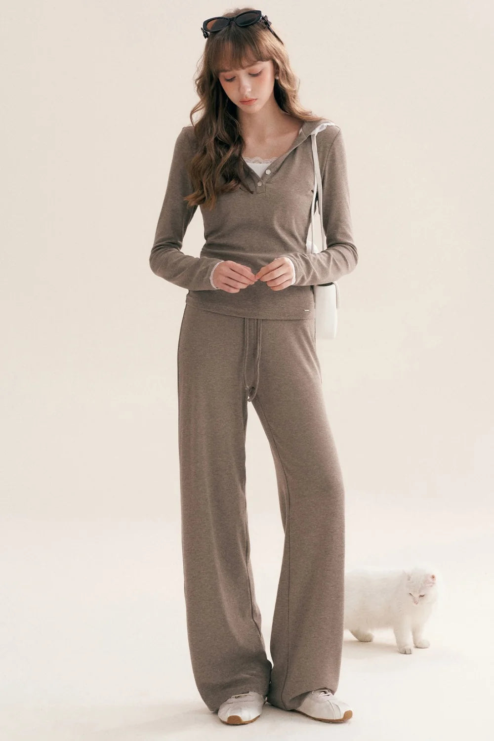 Lace Trim Hooded T-Shirt and Straight Pants Set-Up