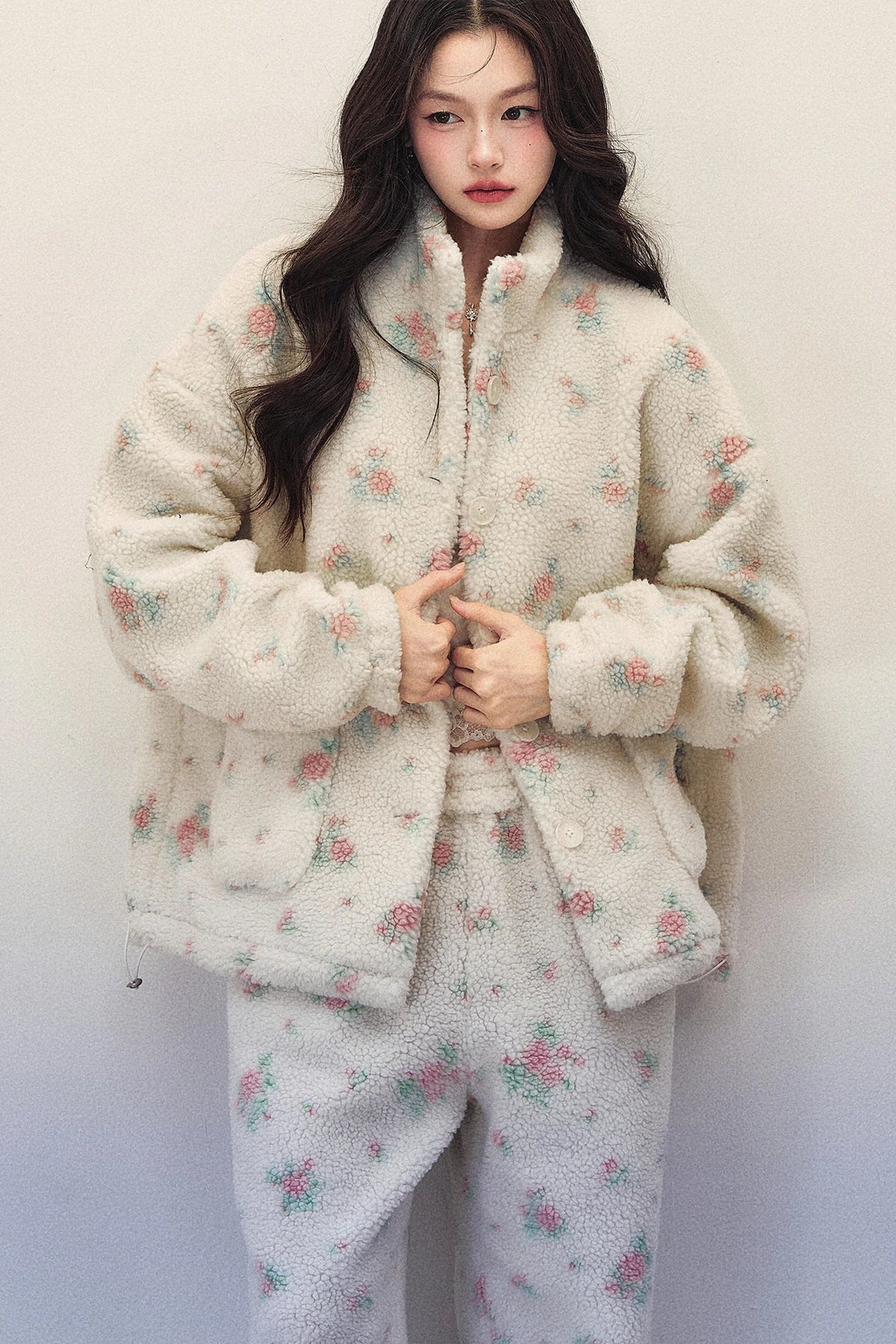 Floral Lamb Wool Jacket and Elastic Waist Wide-Leg Pants Set-Up